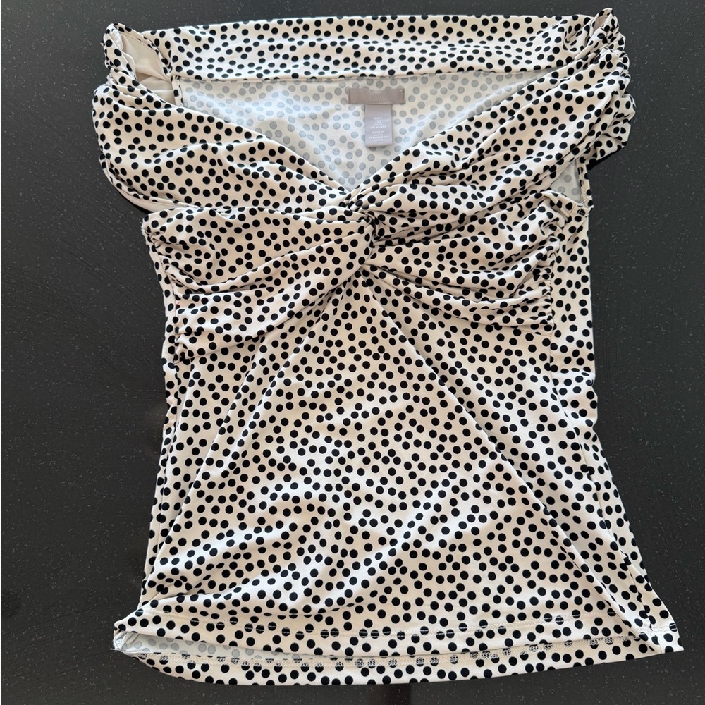 H&M Black and Cream Polka Dot Ruched Off The Shoulder Blouse